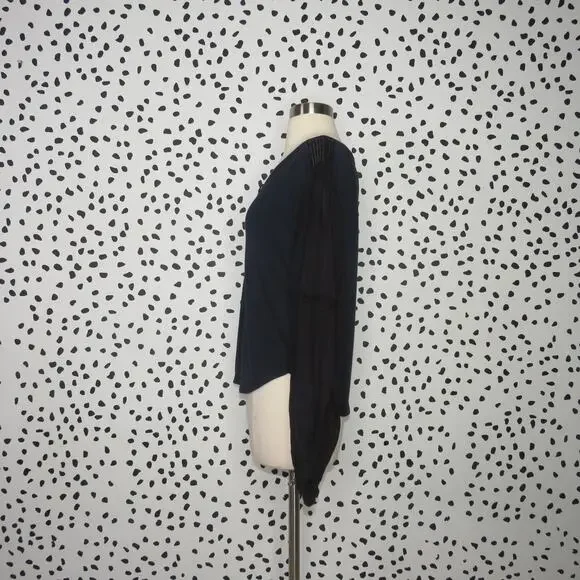 Free People Navy Mixed Media Light Magic Henley Balloon Sleeve Top - Picture 6 of 12